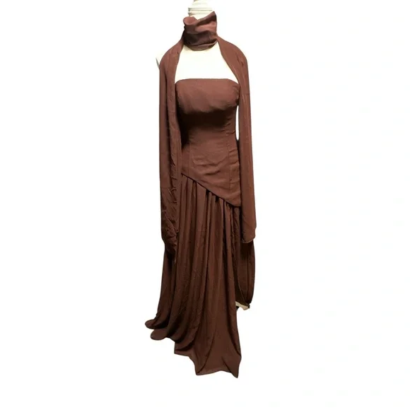 NWT, Elegant Chocolate Brown Strapless Dress With Scarf / Shoulder Cover - Picture 2 of 13